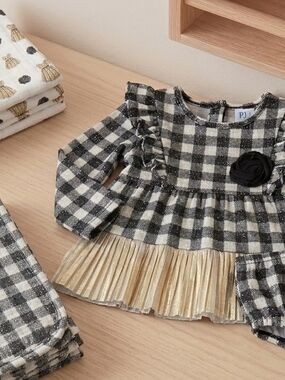Bonnie Baby Black and Cream Gingham Sweater with Gold Pleated Hem